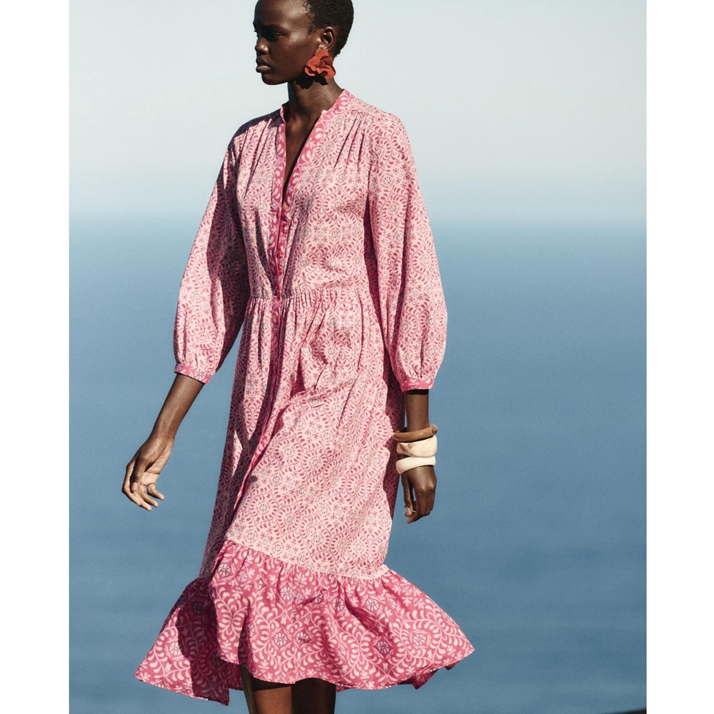 ZARA Pink Cotton Boho 3/4 Sleeve Dress with Ruffle Hem S SS2025